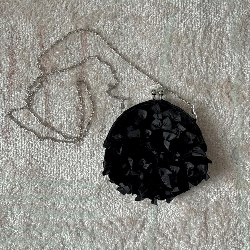 Black Floral Applique Evening Clutch with Silver Chain